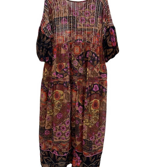 Free People Too Much To Dream Brown Pink Floral Tiered Beads Maxi NWT Size XS - Picture 7 of 14